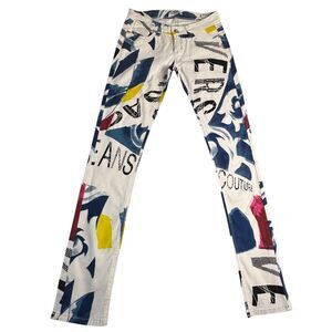 Versace Jeans Couture 2000's Skinny Jeans Allover Pattern Letters Print Size 27